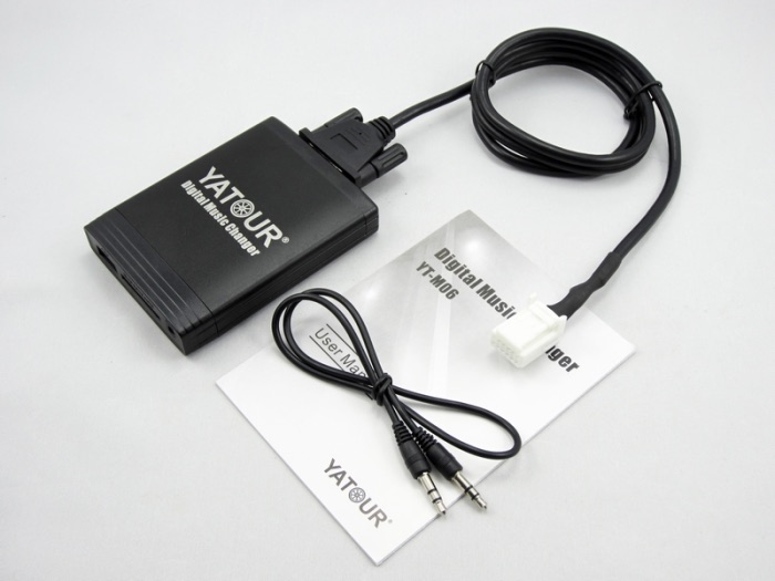 Yatour YT-M06 TOY2 kit: main unit, cable with a white Toyota plug and AUX cable